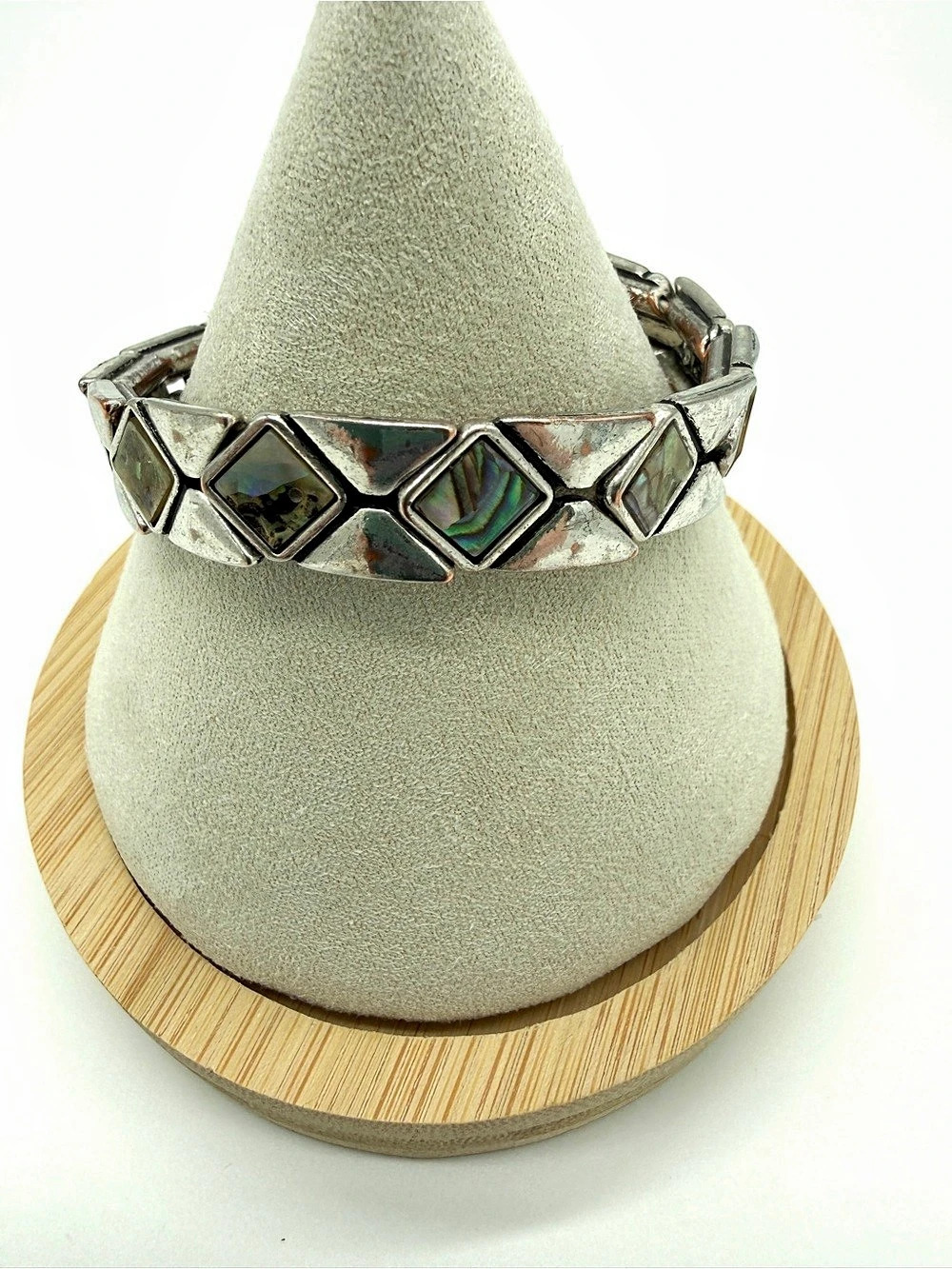 Fossil Silver Stretch Panel Bracelet with Abalone Shell Vintage Y2K